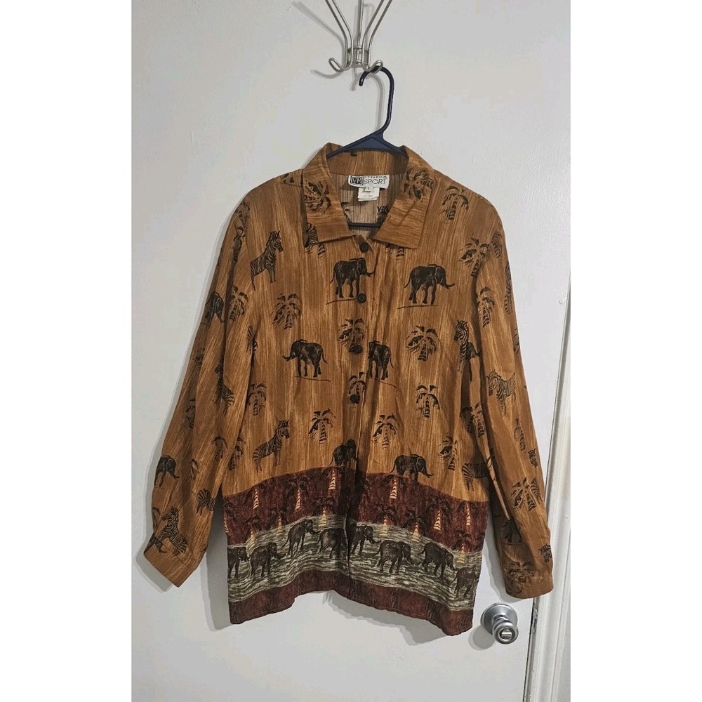 Victoria Morgan Sport Women Button Down Shirt‎ L Brown Elephant Zebra Vacation